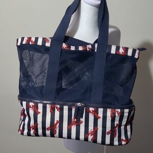 No Boundaries Navy and Red Striped Lobster Beach Tote